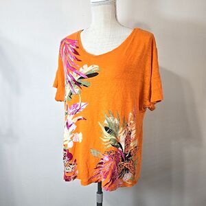 Chico's Sz 3 XL Tangerine Orange 100% Linen V-NECK Top Shirt Vacation Resort